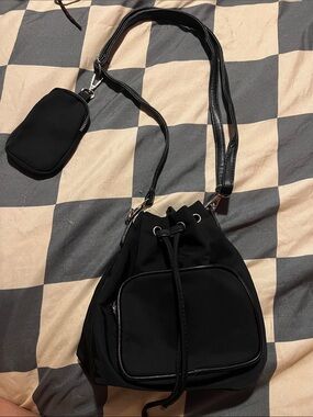 Black Drawstring Bucket Crossbody Bag with Removable Pouch
